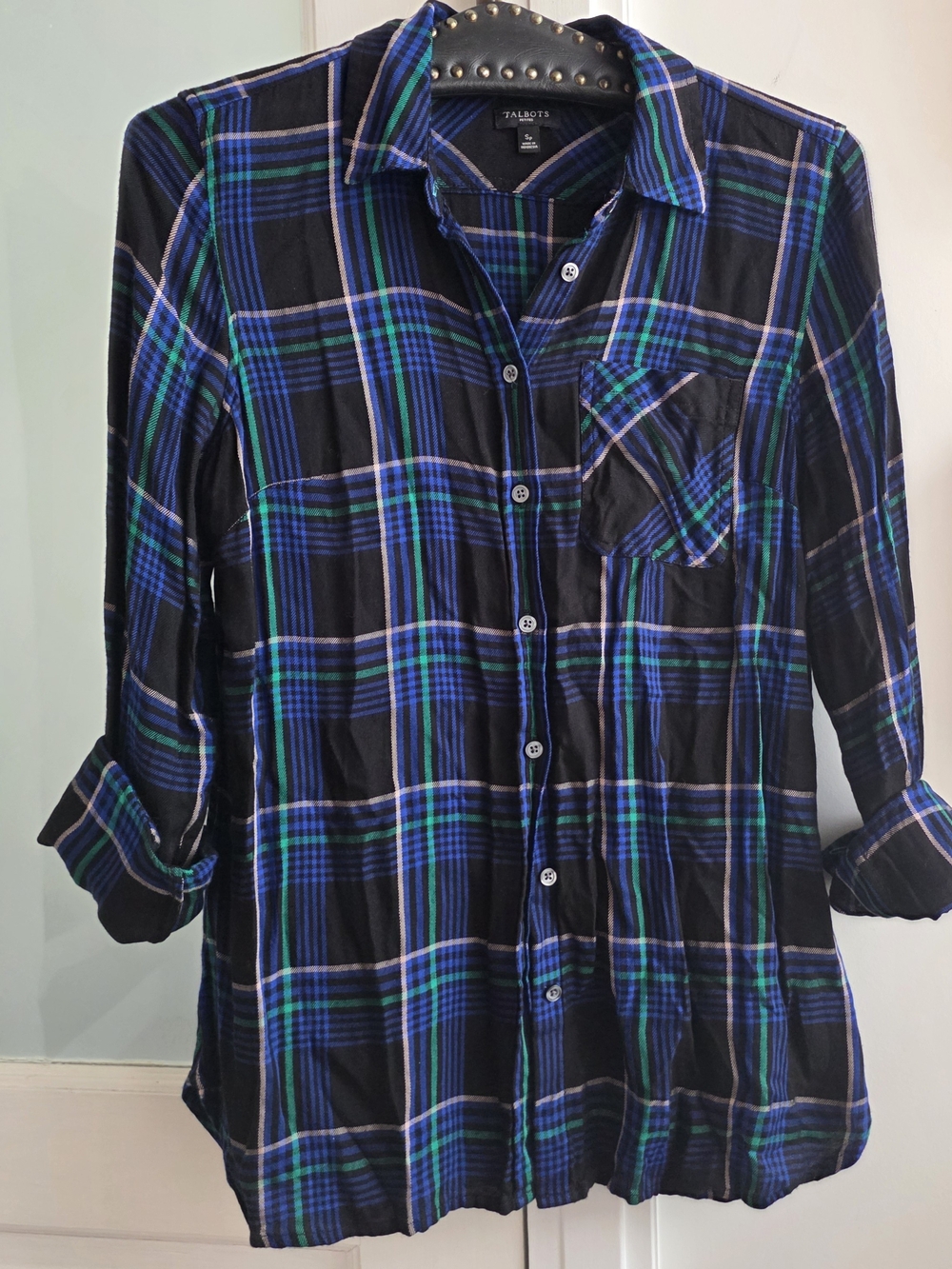 Talbots Blue, Black & Green Plaid Button-Up Shirt, Size Small